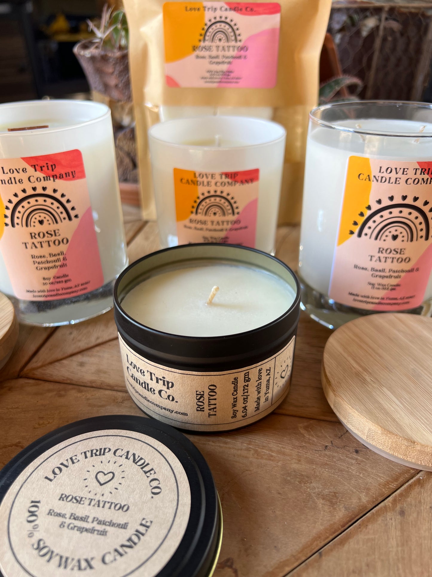 Rose Tattoo Soy Wax Candle Rose/Patchouli/Grapefruit